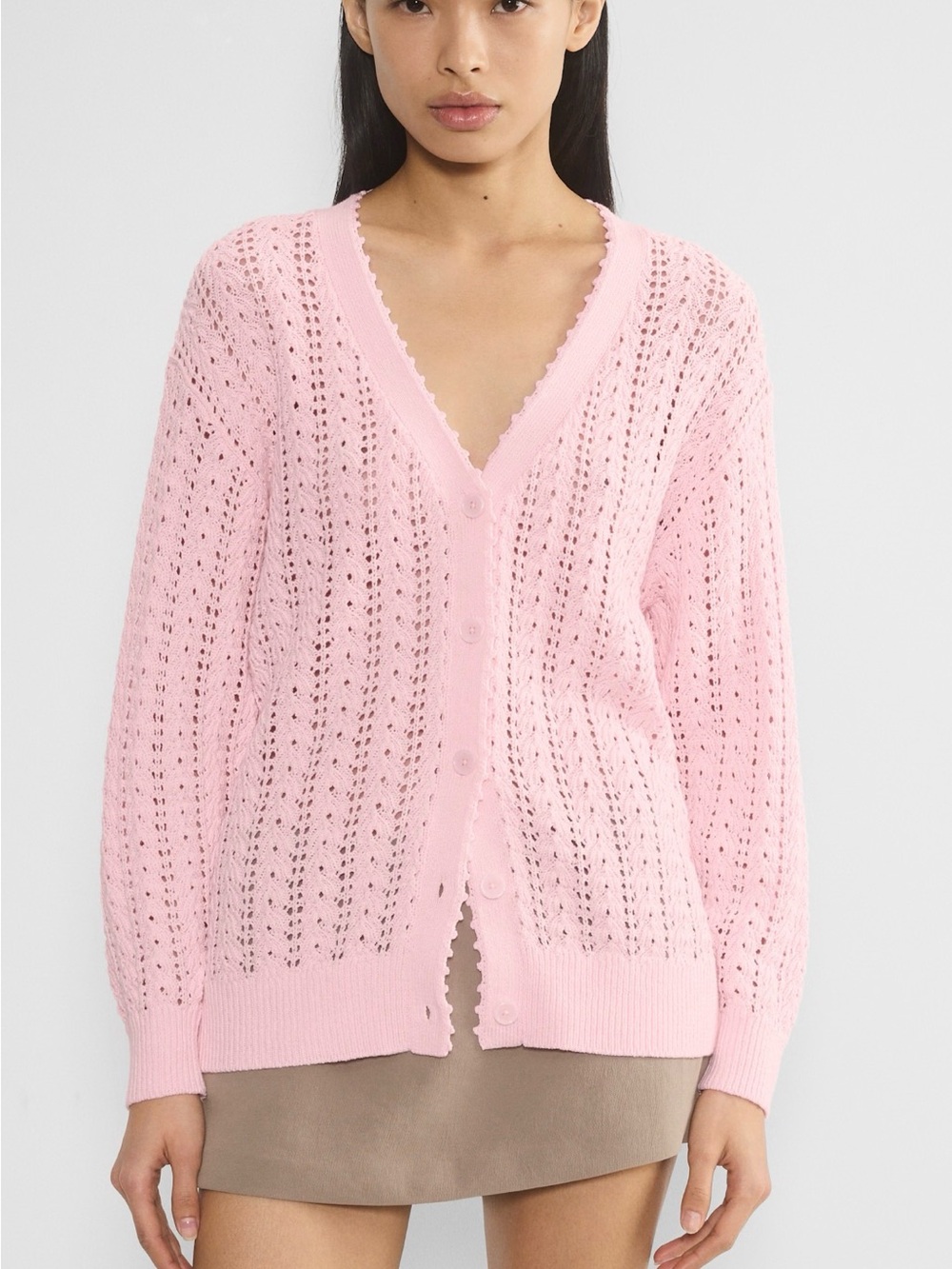 Aritzia Reverance Pink Open-Knit V-Neck Button Cardigan Sweater